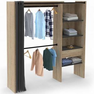 Dressing Extensible - Hêtre - 120/170 cm - 2 Barres de Penderie - 4 Étagères - Rideau Noir