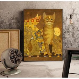 Gustav Klimt Chat Toile Peintures Jaune Rétro Animal Affiches et Impression Mur Art Photo pour Salon Décoration 30x50cm avec cadre