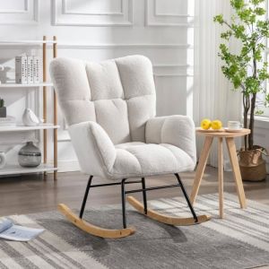 Chaise &agrave; Bascule Moderne 80&times;70&times;95cm - REDOM - Cadre En Fer Pieds En Bois Housse Touffet&eacute;e - Pour Salon Et Chambre - Peluche Blanc