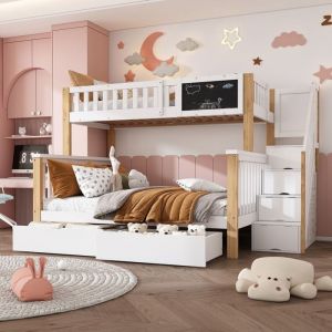 Lit superposé 90 x 200/140 x 200 cm Lit enfant avec échelle de rangement et 2 tiroirs - blanc