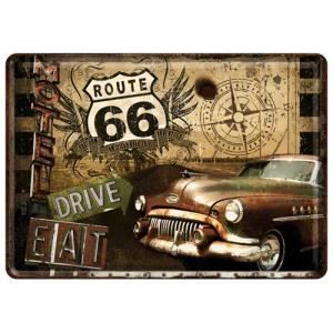 Plaque en m&eacute;tal - Route 66 - Vieille voiture am&eacute;ricaine - 14 X 10 cm - Vintage - D&eacute;coration murale