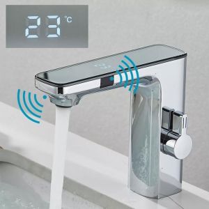 Mitigeur de lavabo à capteur chrome infrarouge Automatique  avec Affichage de La Température LED Robinet de salle de bain
