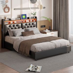 Lit rembourré 180x200 cm avec sommier à lattes et LED lit coffre adulte en pu noir coffre de rangement tête de lit avec