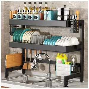 Égouttoir à VaisselleEgoutoire Vaisselle Cuisine à 3 Niveaux en INOX avec Porte-ustensilesSupport pour Planche à découper-65cm