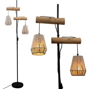 Lampadaire boh&egrave;me en rotin - SUTEO - 169 cm - Design industriel - Bois et m&eacute;tal - 2 abat-jours en corde - E27 standard