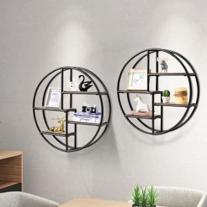 DREAMADE Étagère Murale Ronde avec 4 Étagères Bibliotheque Murale Ronde au Design Industriel Vintagepour ChambreSalonCuisine