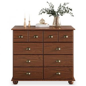 Commode chambre COLMAR L 92 cm 8 tiroirs en bois massif brun foncé chiffonnier apothicaire rangement avec poignées en métal