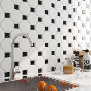 30CMx30CM Stickers Carrelage Blanc et Noir Dalle PVC Adhesive Murale Cuisine Autocollant Carreaux Hexagone Carr&eacute; 15 Mu PAPIER PEINT