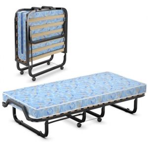 COSTWAY Lit Pliant 1 Personne sur Roulettes 90 x 200 CM Lit dAppointPliable Matelas en Mémoire 10 CM Sommier à 15 Lattes Bleu