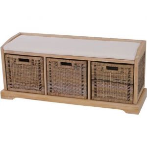 Banc / banquette avec boîte de rangement et 3 paniers en rotin kubu - Bienne - 112x46x37cm - clair
