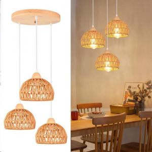 3 Lampes Suspension Luminaire Vintage Lustre Industriel en Bois Rotin Cage Abat-jour E27 &Eacute;clairage (Cercle Rotin Marron) - SMOTOP