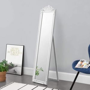 Miroir de Grande Taille sur Pied Psyché Inclinable Solide Cadre Style Baroque Bois dEucalyptus 160 x 40 cm Blanc Mat [642]
