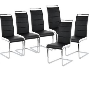 Lot de 6 chaises de salle &agrave; manger ou cuisine en simili cuir noir et blanc avec pi&eacute;tement chrom&eacute;