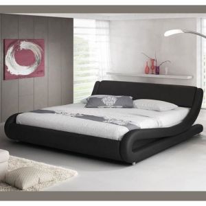 Lit Double pour Matelas 140x190cm  Couleur Noir  Matériaux bois et simili cuir  ALESSIA