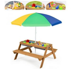 COSTWAY Table et 2 Bancs 3 en 1 pour 4 Enfants de Jardin avec Parasol  2 Bo&icirc;tes pour Sable & Eau Plateau Amovible3 -7 Ans