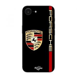 Coque Maniacase Pour Iphone 16E PORSCHE logo rouge et dor&eacute;e fond noir