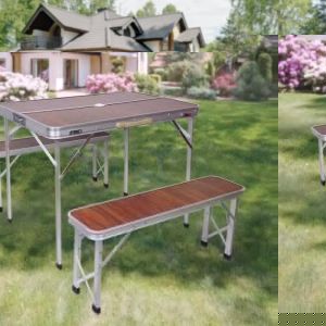Yipeema Table Pliante avec 2 Bancs pour Camping Pique-Nique Jardin - Ensemble de Tables Pliable Exterieur (90 x 60 x 70 cm) - Marron