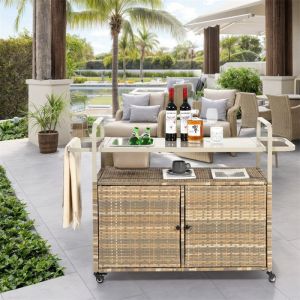Desserte Exterieur avec Rangement Chariot de Jardin 4 RouesDesserte à RoulettesSeau à GlacePanier LatéralRésine TresséeBeige