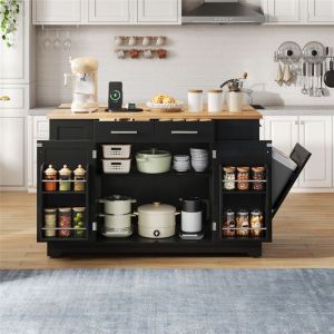 &Icirc;lot Cuisine avec Plan Pliable Prise et USB Poubelle Int&eacute;gr&eacute;e Meuble Cuisine Bois Noir &agrave; Roulettes avec Rangement 138x56(86) cm