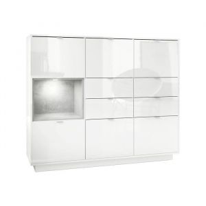Buffet haut laqué blanc avec insertion aspect Béton Oxyde - MPC - 4 portes - 4 tiroirs - Contemporain - Design