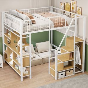 Lit mezzanine 140x200 cm avec escalier - lit adulte et enfant avec rangements &eacute;tag&egrave;res - m&eacute;tal + MDF - Blanc