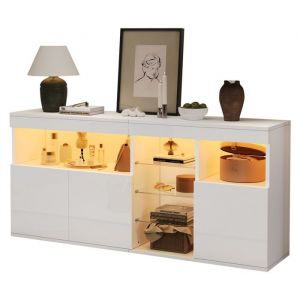 Buffet Bahut Blanc Laqu&eacute; Brillant 155.5 x 35 x 72 cm &Eacute;clairage LED 3 Portes 3 Compartiments Vitr&eacute;s Sans Poign&eacute;es pour Salle &agrave; Manger