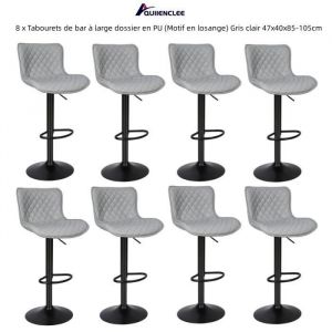 Lot de 8 tabourets de bar en PU sergé à carreaux gris clair avec dossier large et hauteur réglable