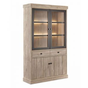 Argentier 4 portes dont 2 vitr&eacute;es et 2 tiroirs avec &eacute;clairage leds aspect bois finition Beach Oak - ROLYA