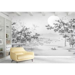 Papier Peint Panoramique Art Zen Noir Et Blanc Forêt Lac Eau Lune Nature Paysage 400x280cm 3D Intissé Soie Poster Geant Mural