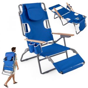 3 en 1 Chaise de Jardin Pliante Ext&eacute;rieur COSTWAY Trou pour Visage Dossier R&eacute;glable Oreiller Fauteuil Inclinable Portable Bleu