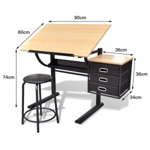 BUL Table à Dessin - Inclinable Hauteur Réglable avec Tabouret 3 Tiroirs Structure en Acier - Bureau à Dessin