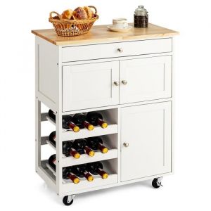 COSTWAY Desserte Cuisine à Roulettes avec Plateau en Bois dHévéa Chariot de Cuisine à Service avec Tiroir et Porte-Bouteilles Blanc
