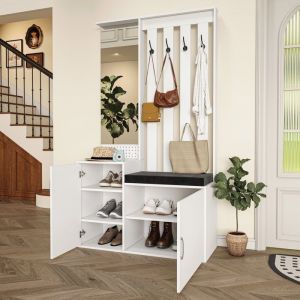 Porte-Manteau Entr&eacute;e Meuble dentr&eacute;e avec Banc &Agrave; Chaussures Miroir 4 Crochets Armoire &agrave; Chaussures 100x40x180 cm Blanc