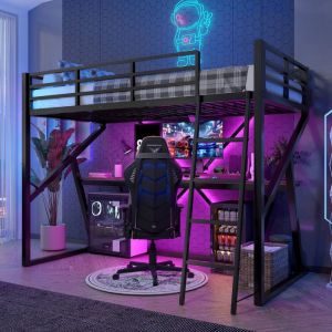 Lit mezzanine 90 x 200cm avec LED lit enfant avec escalier et bureau lit simple avec sommier &agrave; lattes Lit adolescent，m&eacute;tal noir
