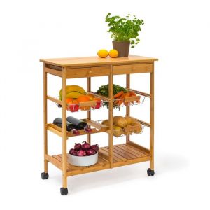 Relaxdays 10019161 Desserte de cuisine JAMES XXL meuble dappoint îlot chariot de cuisine à roulettes en bambou paniers amovibles H