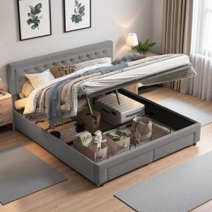 Lit double 160x200 avec sommier  Lit coffre hydraulique + tiroir  Rangement maximal  Velours gris clair  Tête de lit cloutée