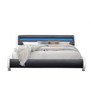Lit adulte 160x200 - Sommier + Tête de Lit LED Incurvée + 9 Pieds en 5 cm - Blanc & Noir - PVC Simili Facile dEntretien