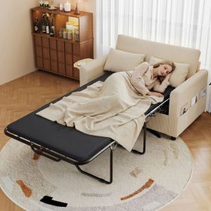Canap&eacute; convertible 2 places avec USB canap&eacute;-lit avec matelas table pliante rangement id&eacute;al petit espace beige