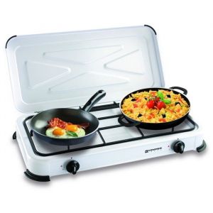 Réchaud gaz portable 2 feux 2600W Blanc laqué Couvercle Plaque de cuisson KEMPER