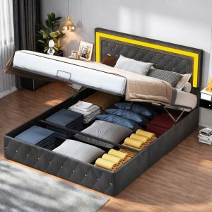 Lit coffre 180x200 cm - 231220DZW - LED - hydraulique - Scandinave - Velours - cadre de lit adulte 180x200 cm - Noir