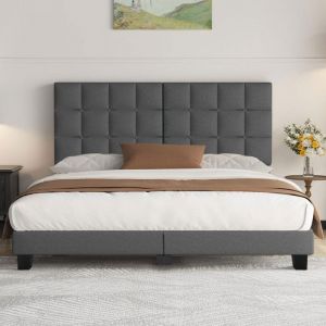 Lit Adulte 140x190 cm INRE- Structure de Lit avec Sommier à Lattes- Lit Capitonné avec Tête de Lit- Lit pour 2 Personne- gris foncé