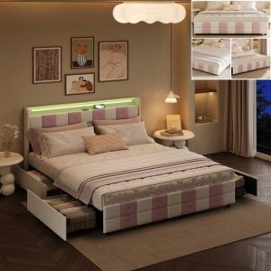 Lit double capitonn&eacute; 160x200 cm avec 4 tiroirs t&ecirc;te de lit avec LED et USB Lit adulte avec sommier &agrave; lattes velours  blanc rose