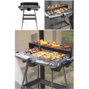 Barbecue Electrique sur Pieds ou de Table Gris 2000W Poignées intégrées pare-vent amovible