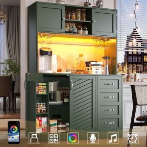 Buffet haut salle &agrave; manger de cuisine -Meuble vaisselier avec &eacute;clairage LED -Armoire vitrine vert avec 4 tiroirs -120x40x188 cm