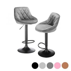 4 X TABOURET DE BAR EN VELOURS GRIS CLAIR - CHAISE SCANDINAVE POUR SALLE A MANGER ET CUISINE - DOSSIER A SERGE - HAUTEUR REGLABLE