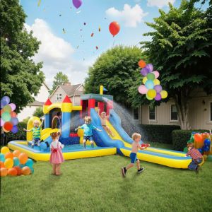 Ch&acirc;teau gonflable avec soufflerie parc aquatique toboggans trampoline mur descalade canon panier de basket