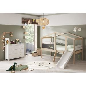 Lit enfant Tobogan en pin et MDF coloris blanc gris anthracite - Longueur 2049 x Profondeur 1873 x Hauteur 147 cm