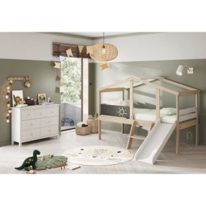 Lit enfant Tobogan en pin et MDF coloris blanc, gris anthracite - Longueur 204,9 x Profondeur 187,3 x Hauteur 147 cm