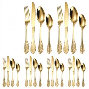 24 Pi&egrave;ces Couverts de Table en Or Vintage M&eacute;nag&egrave;re en acier inoxydable baroque style royal antique