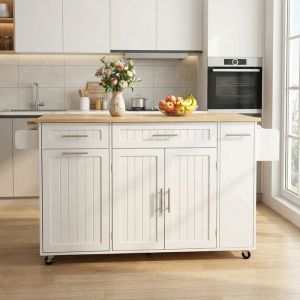 &Icirc;lot de cuisine sur roulettes coin repas extensible avec plan de travail compartiment poubelle &icirc;lot de cuisine avec multiprises